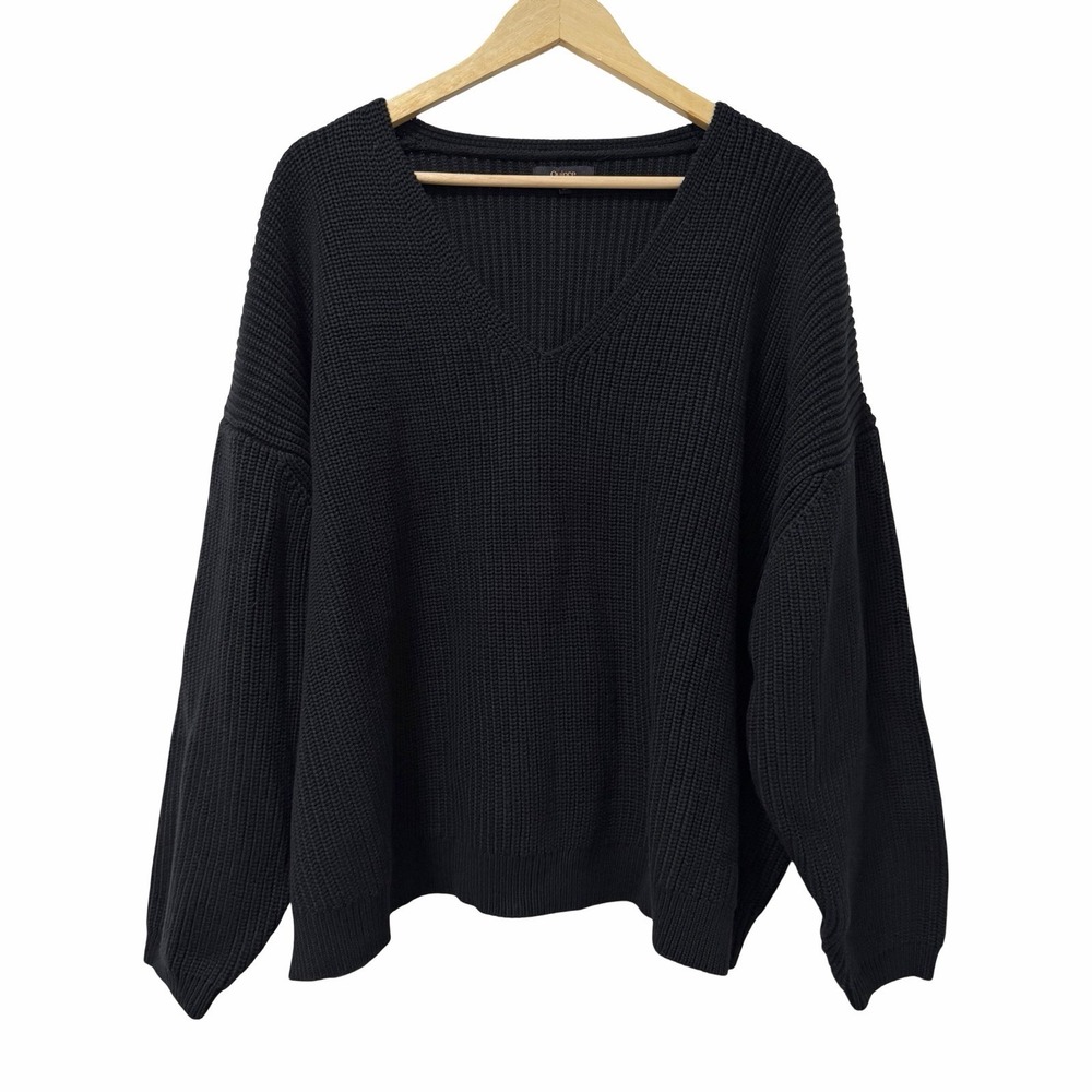 Quince Womens Organic Cotton Fisherman V Neck Sweater Size 3X Black Minimal